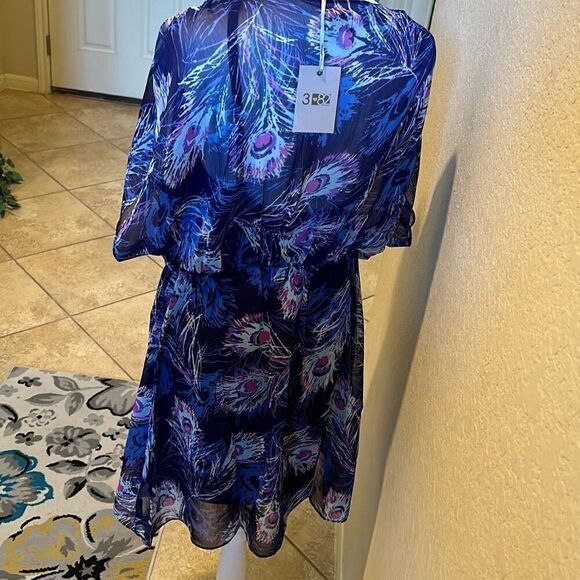 382 Womens M Semi Sheer Peacock Print Mini Slip Dress Blue Purple Flowy Vacation - Picture 1 of 11